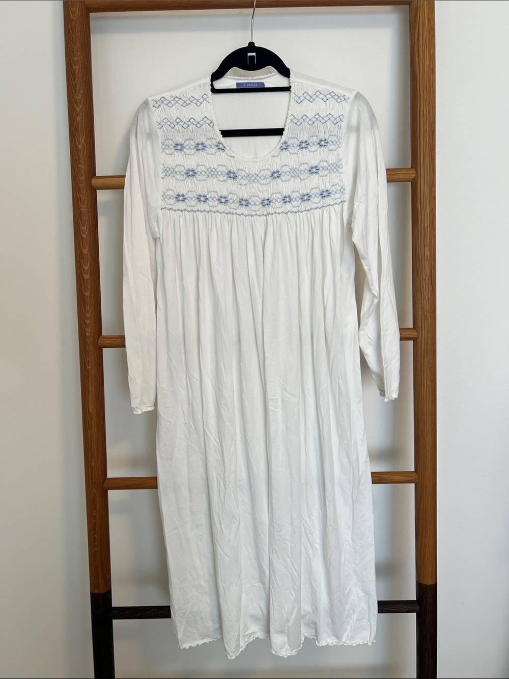 p.jamas White 100% Pima Cotton Smocked Long Sleeve Nightgown - Size XS